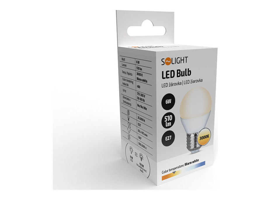 Solight LED žárovka, miniglobe, 6W, E27, 3000K, 510lm