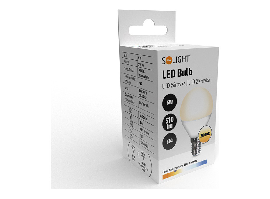 Solight LED žárovka, miniglobe, 6W, E14, 3000K, 510lm, bílé provedení