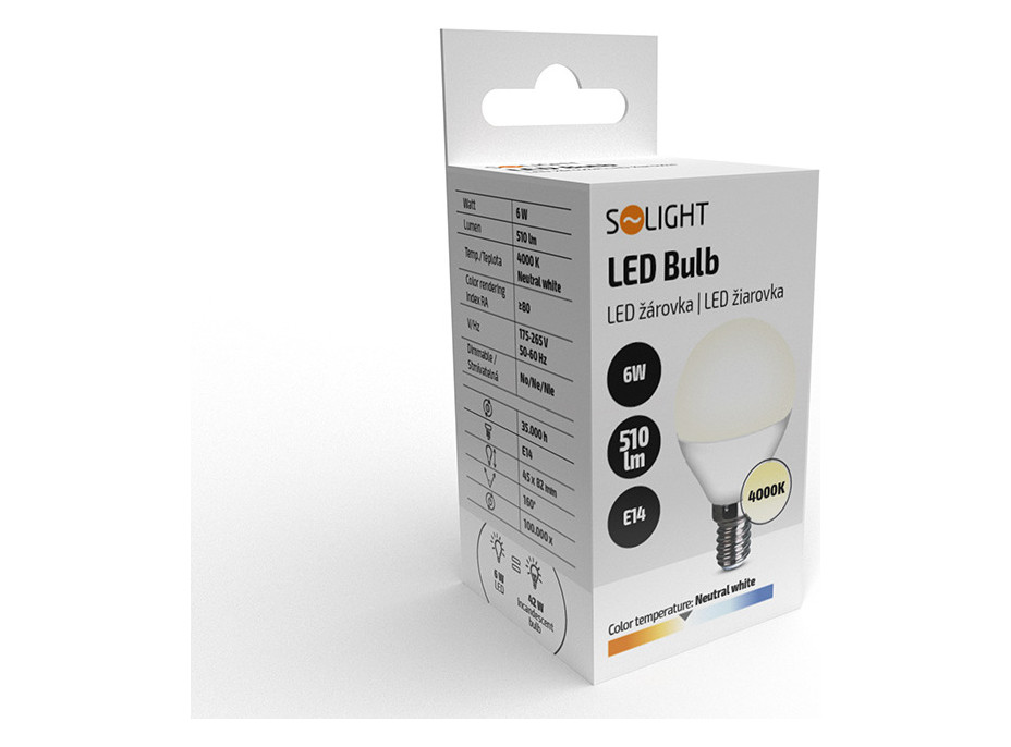 Solight LED žárovka, miniglobe, 6W, E14, 4000K, 510lm, bílé provedení