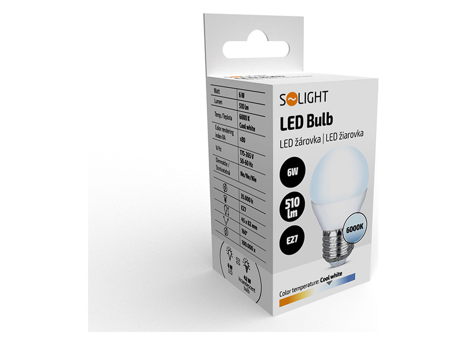 Solight LED žárovka, miniglobe, 6W, E27, 6000K, 510lm