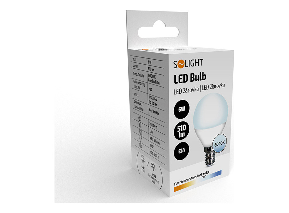 Solight LED žárovka, miniglobe, 6W, E14, 6000K, 510lm