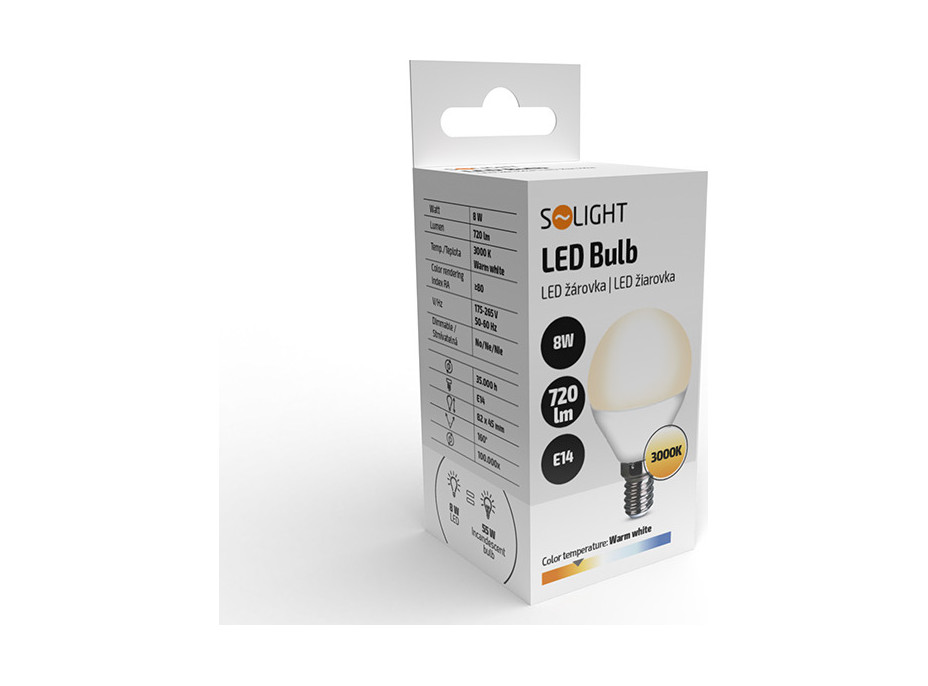 Solight LED žárovka, miniglobe, 8W, E14, 3000K, 720lm, bílé provedení