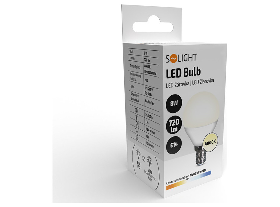 Solight LED žárovka, miniglobe, 8W, E14, 4000K, 720lm, bílé provedení