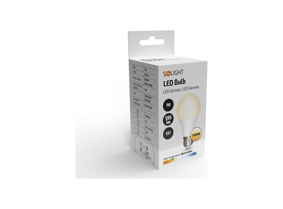 Solight LED žárovka, klasický tvar, 7W, E27, 3000K, 270°, 595lm