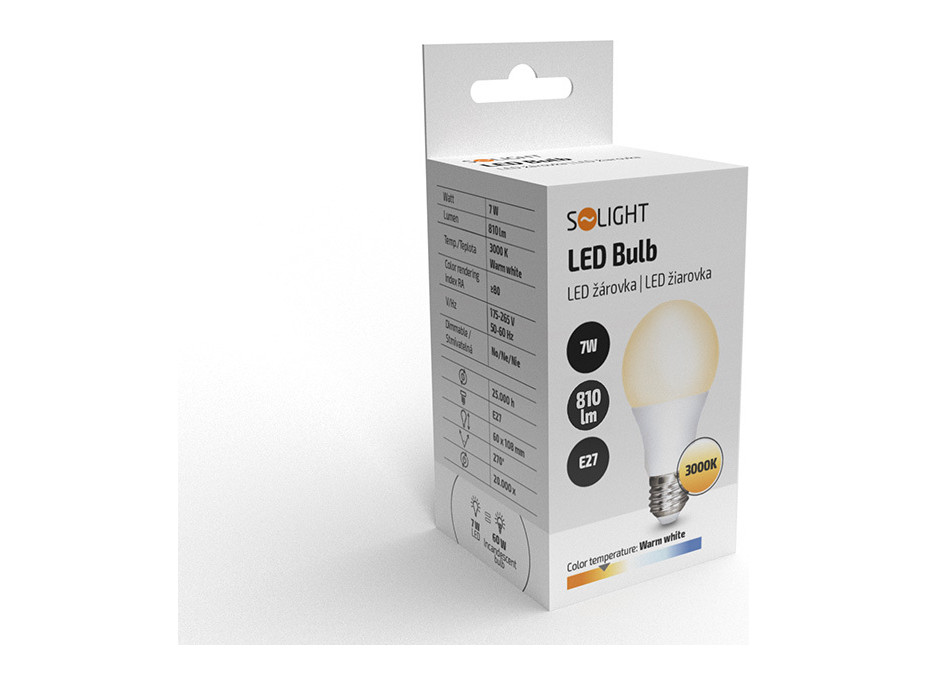 Solight LED žárovka, klasický tvar, 7W, E27, 3000K, 270°, 810lm