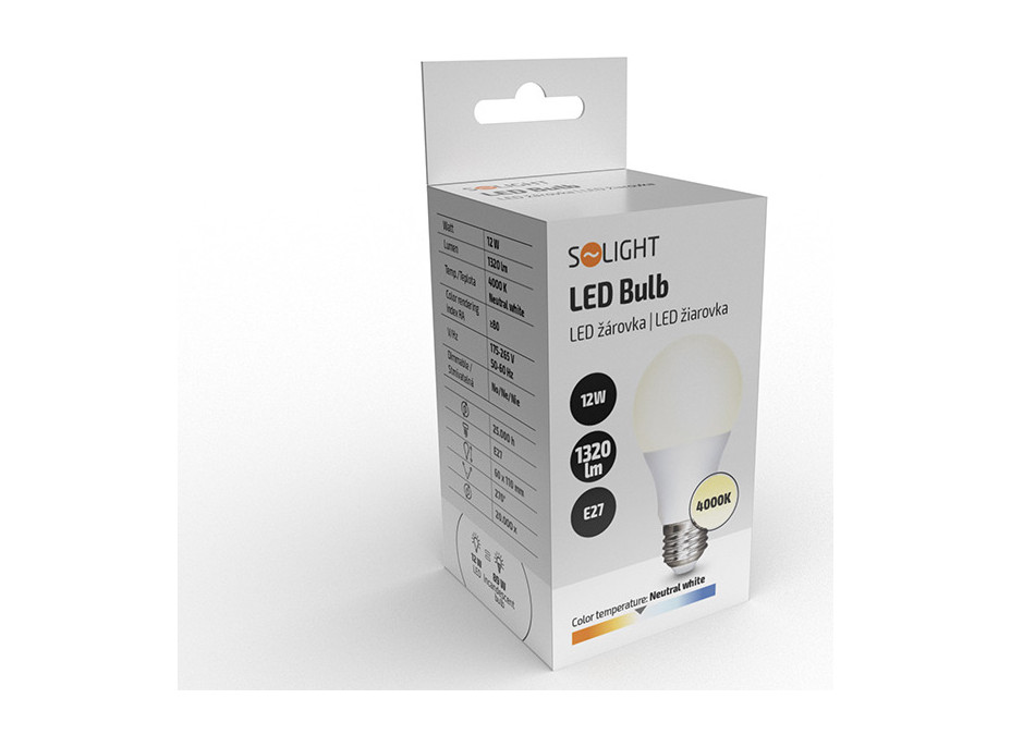 Solight LED žárovka, klasický tvar, 12W, E27, 4000K, 270°, 1320lm