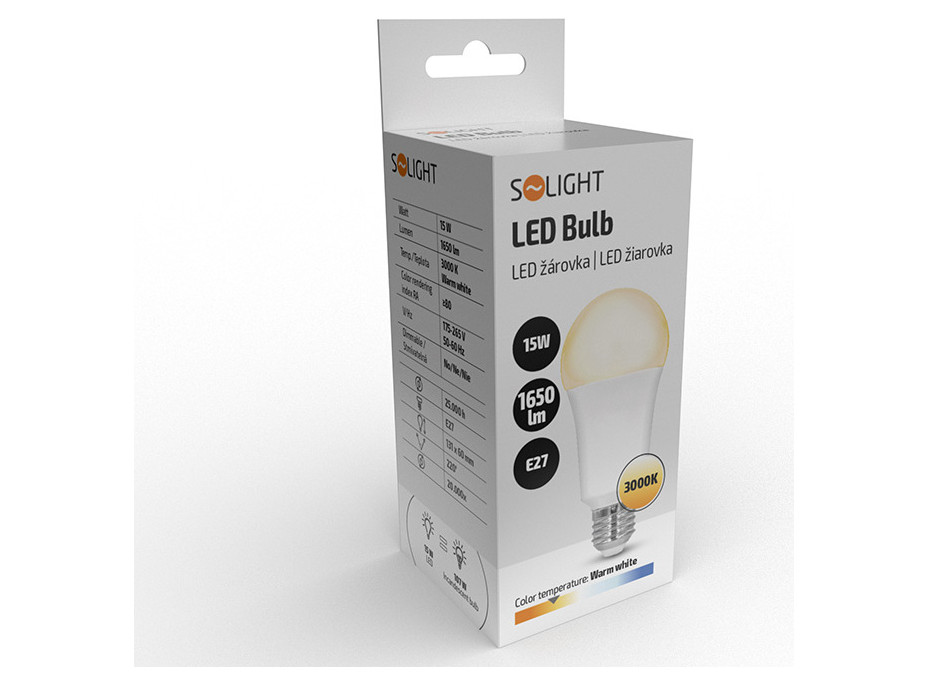 Solight LED žárovka, klasický tvar, 15W, E27, 3000K, 220°, 1650lm