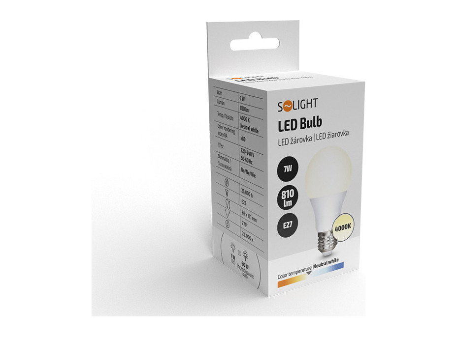 Solight LED žárovka, klasický tvar, 7W, E27, 4000K, 270°, 810lm