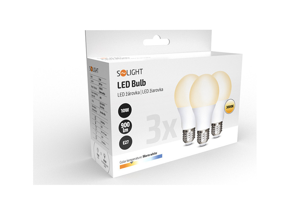 Solight LED žárovka 3-pack, klasický tvar, 10W, E27, 3000K, 270°, 900lm, 3ks v balení