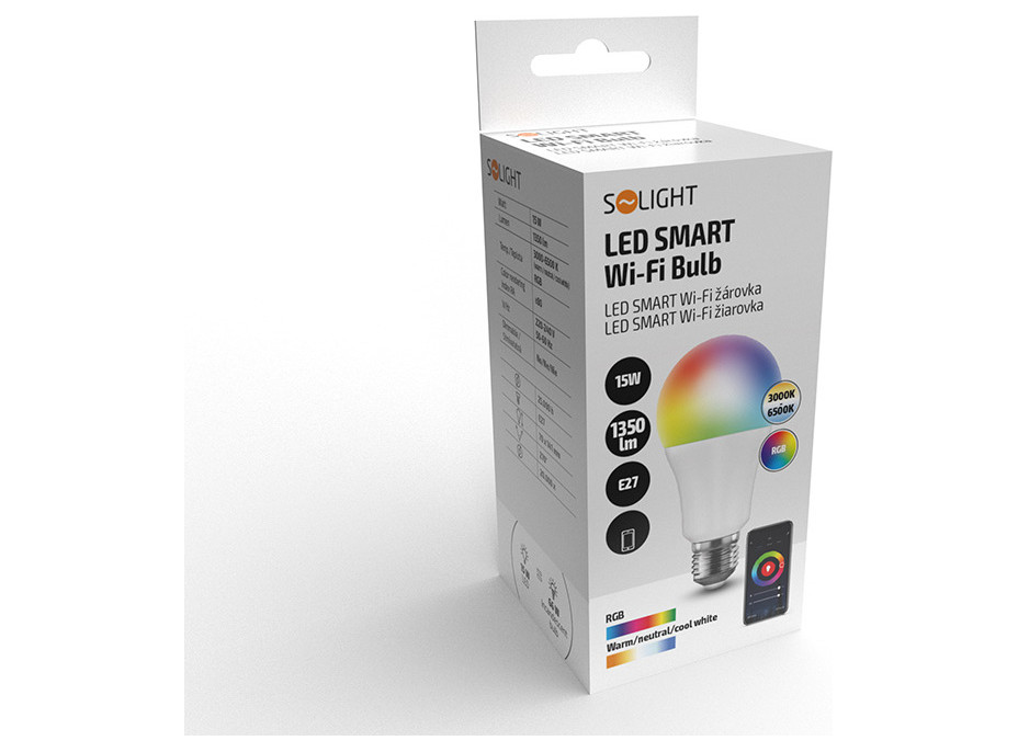 Solight LED SMART WIFI žárovka, klasický tvar, 15W, E27, RGB, 270°, 1350lm