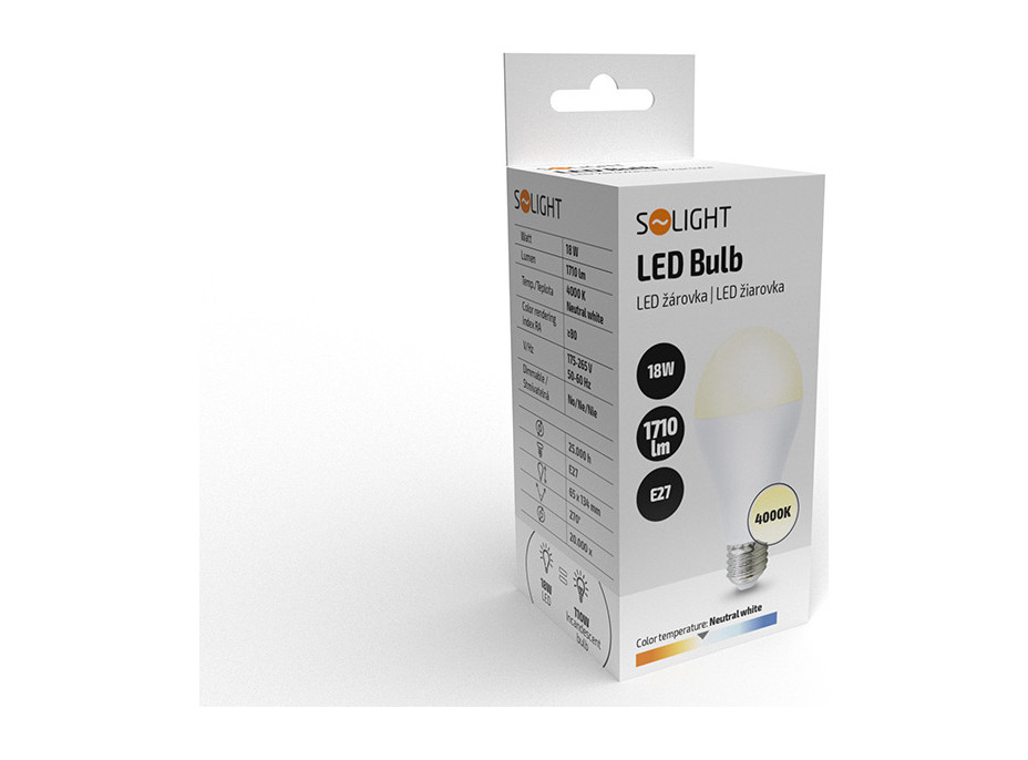 Solight LED žárovka, klasický tvar, 18W, E27, 4000K, 270°, 1710lm