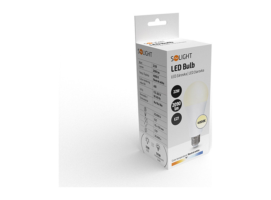 Solight LED žárovka, klasický tvar, 22W, E27, 4000K, 270°, 2090lm