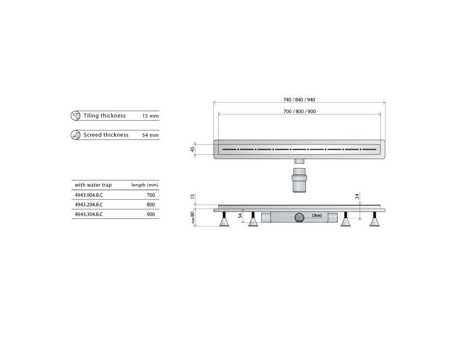 Omp Tea RENOVA ECO LINE podlahový žlab s nerezovým roštem, L-700, DN40 4943.904.8C