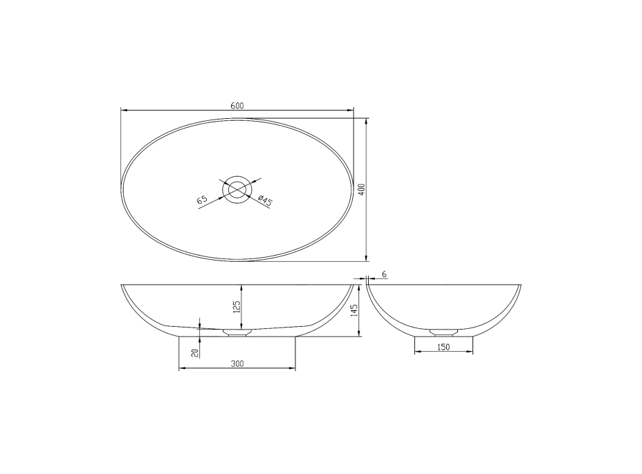 Polysan BANERA OVAL umyvadlo na desku, litý mramor, 60x40cm, bílá mat 14397MAT