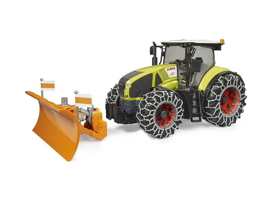 Bruder Claas Axion 950 se sněhovými řetězy a radlicí