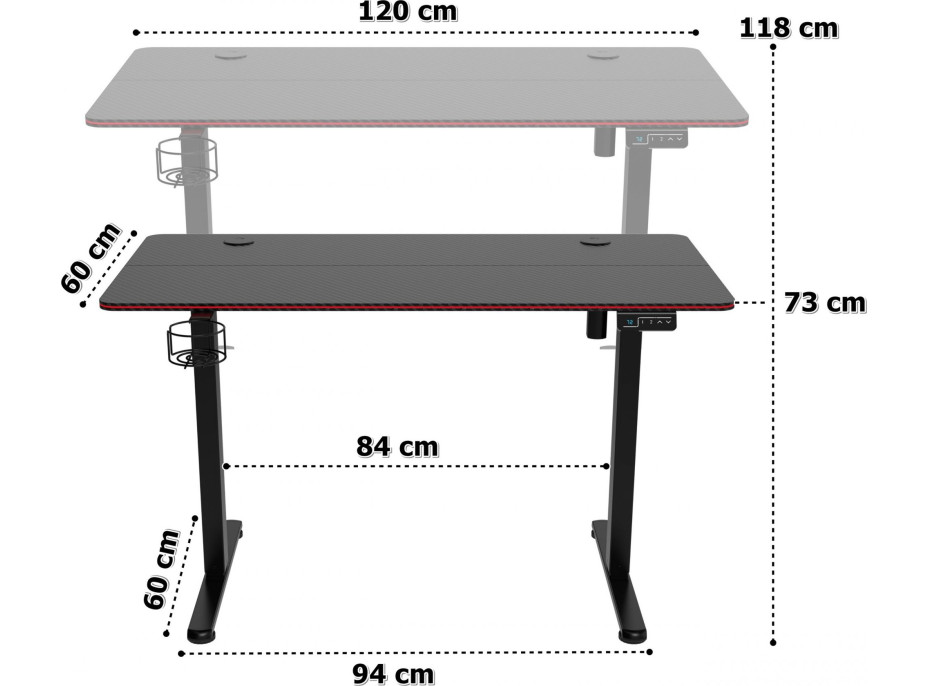 Herní stůl SHADOW GAMER elektrický 2.0 LED RGB 120 cm