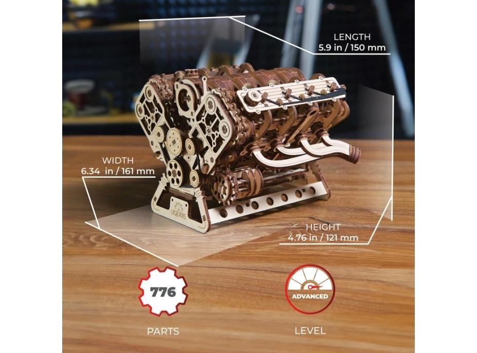 Ugears 3D dřevěné mechanické puzzle Motor V8