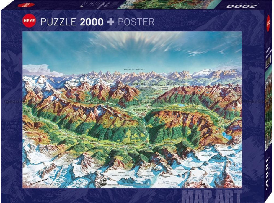 HEYE Puzzle Map Art: Horský svět v Alpách 2000 dílků