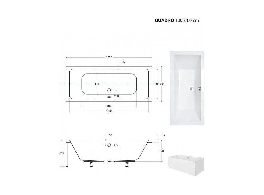 Obdélníková vana QUADRO 180x80 cm, s nožičkami