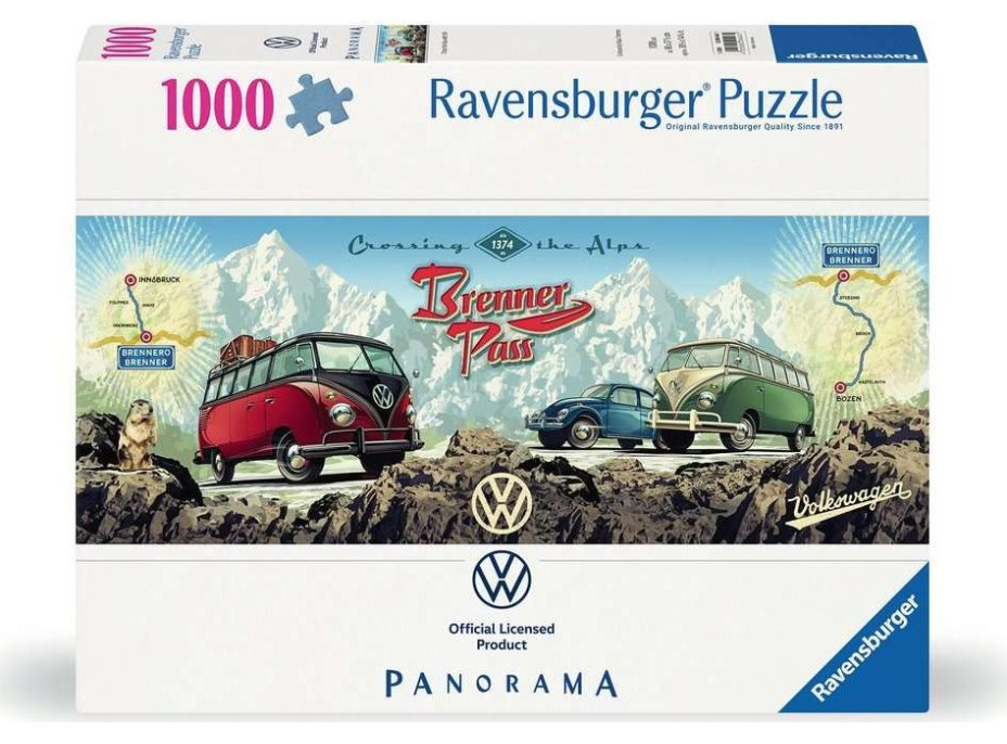 RAVENSBURGER Panoramatické puzzle Přes Alpy s VW 1000 dílků