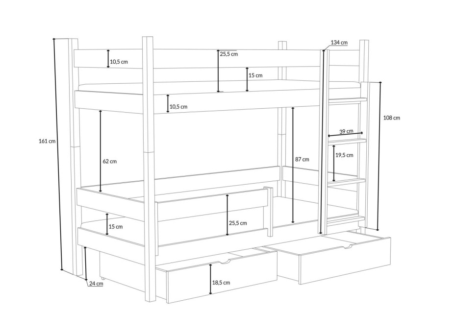 Dětská patrová postel z masivu borovice LEGEND se šuplíky - 200x80 cm - PŘÍRODNÍ BOROVICE