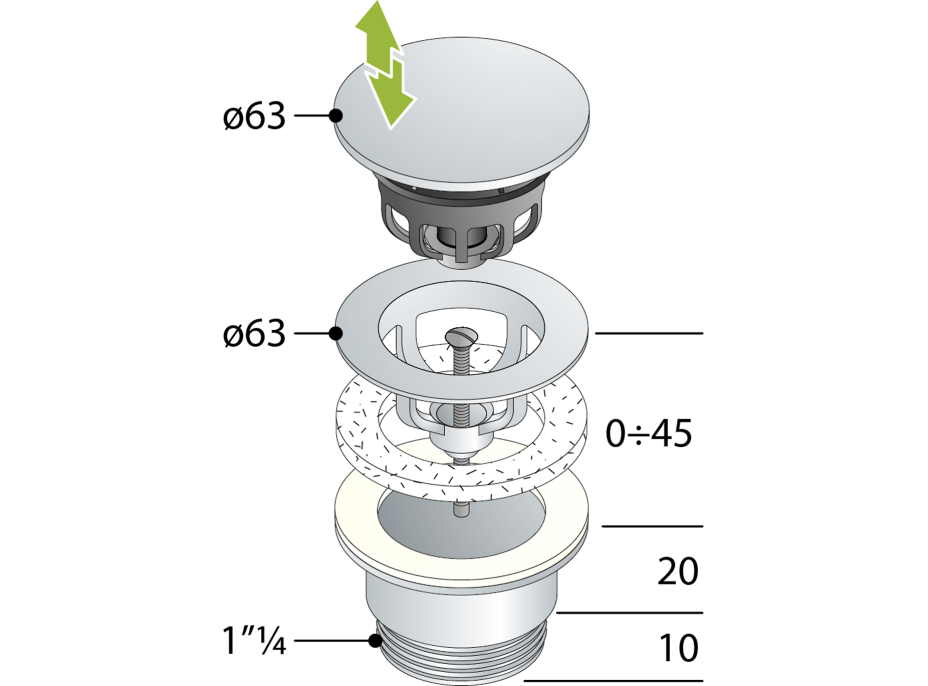 Omp Tea Umyvadlová výpust 5/4“, click-clack, velká zátka, 10-45mm, černá mat 7532.310.5X