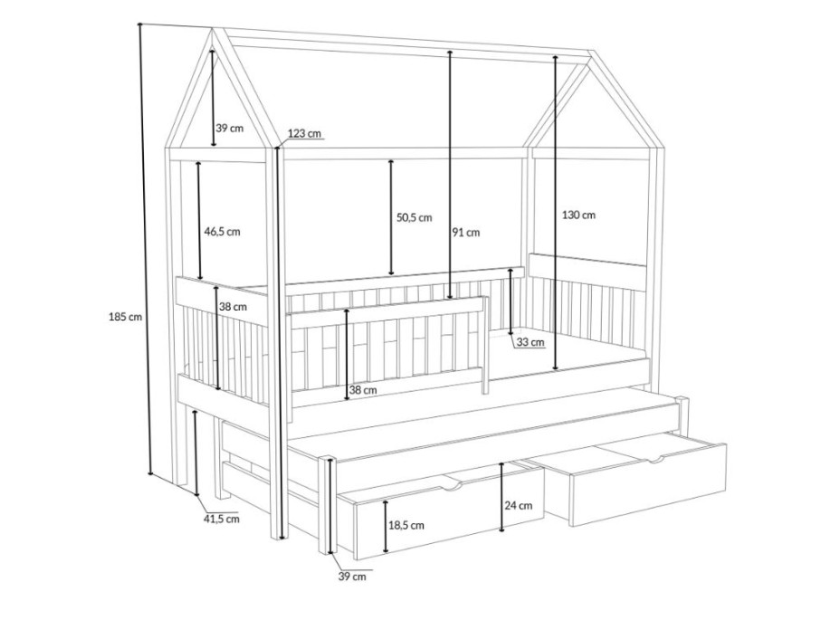 Dětská domečková postel z masivu borovice REVOLUT s přistýlkou a šuplíky - 200x80 cm - přírodní borovice