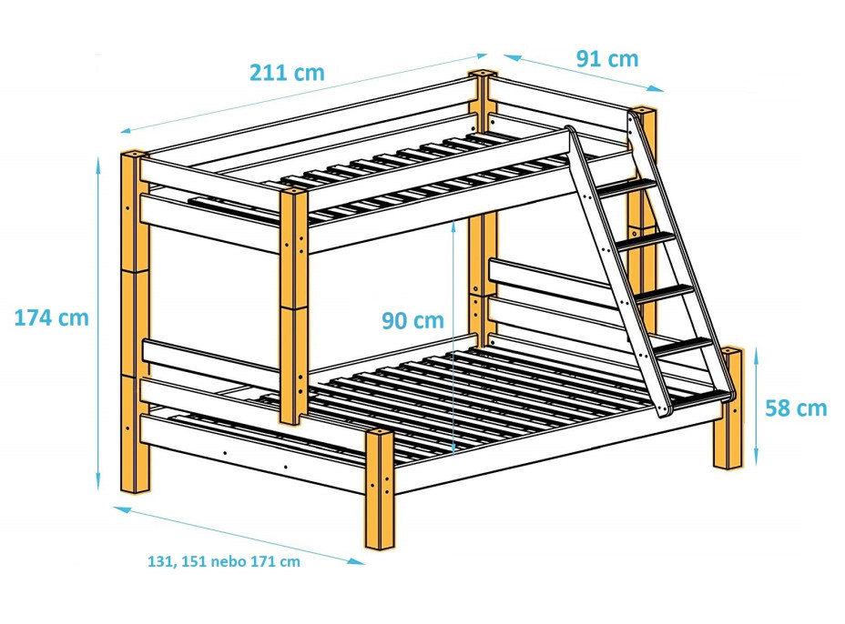Rozměry patrové postele s rozšířeným spodním lůžkem PAVLÍNA
