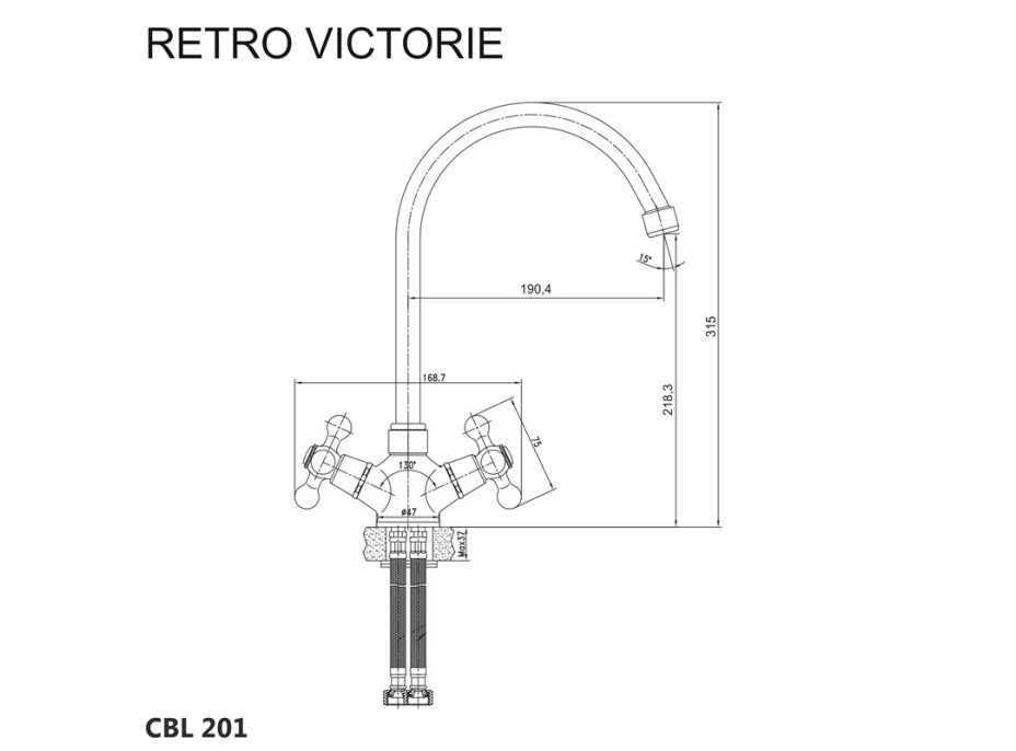 Dřezová stojánková baterie, Retro Viktorie, výška baterie 315 mm, chrom