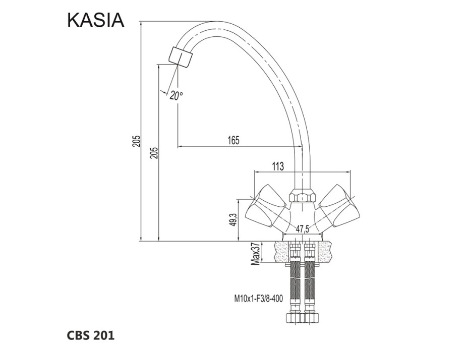 Dřezová stojánková baterie, Kasia, výška baterie 250 mm, chrom