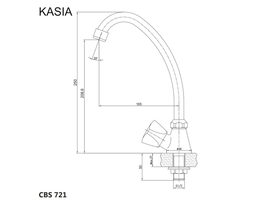 Dřezový kohoutek stojánkový, Kasia, výška kohoutku 250 mm, chrom