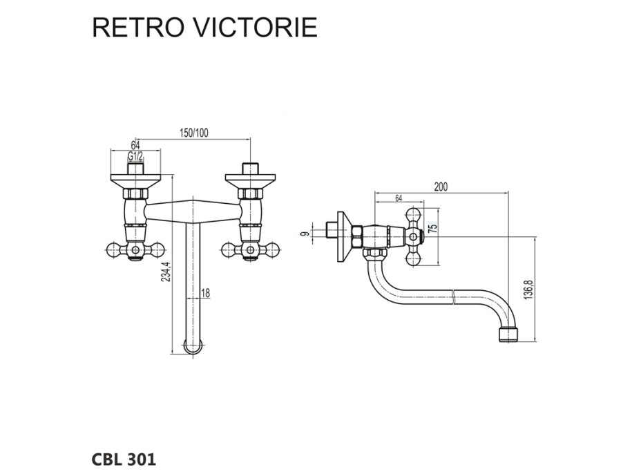 Dřezová nástěnná baterie, Retro Viktorie, 150 mm, s ramínkem trubkovým ø 18 mm - 200 mm