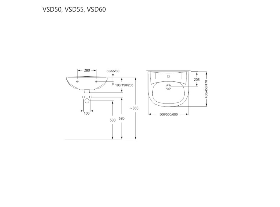 Umyvadlo s otvorem pro baterii 60 cm