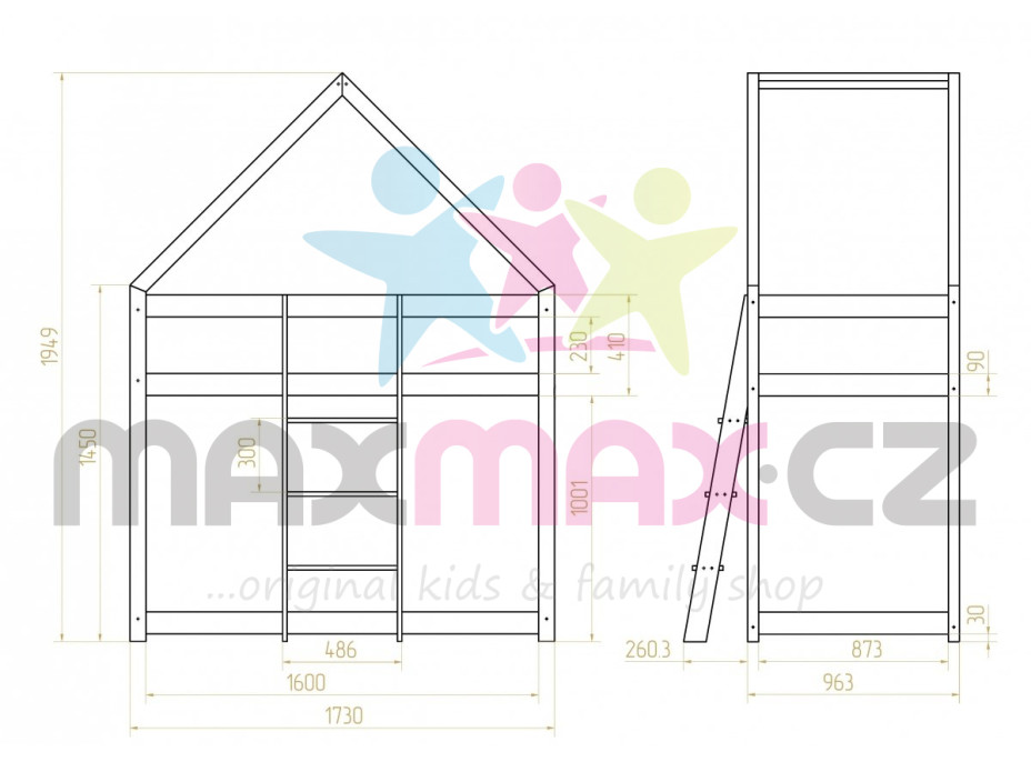 Dětská postel z masivu PATROVÝ DOMEČEK - TYP A 160x90 cm