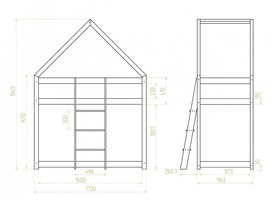 Dětská postel z masivu PATROVÝ DOMEČEK - TYP B 160x90 cm