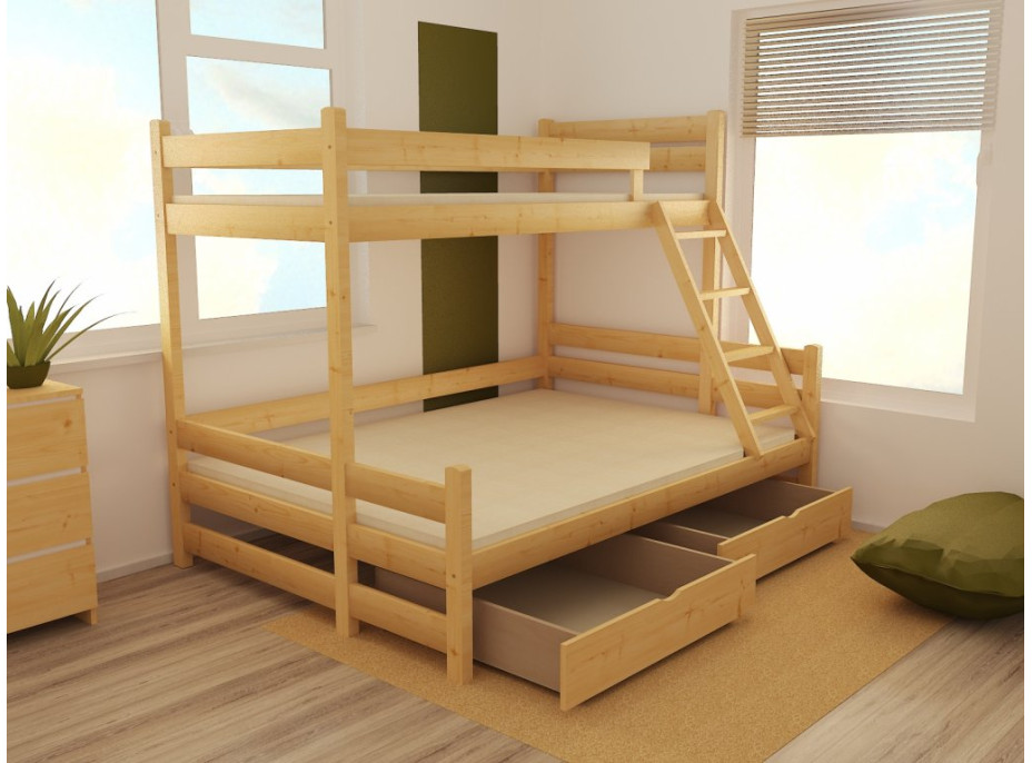 Dětská patrová postel s rozšířeným spodním lůžkem z MASIVU 200x90cm SE ŠUPLÍKY - PPS004