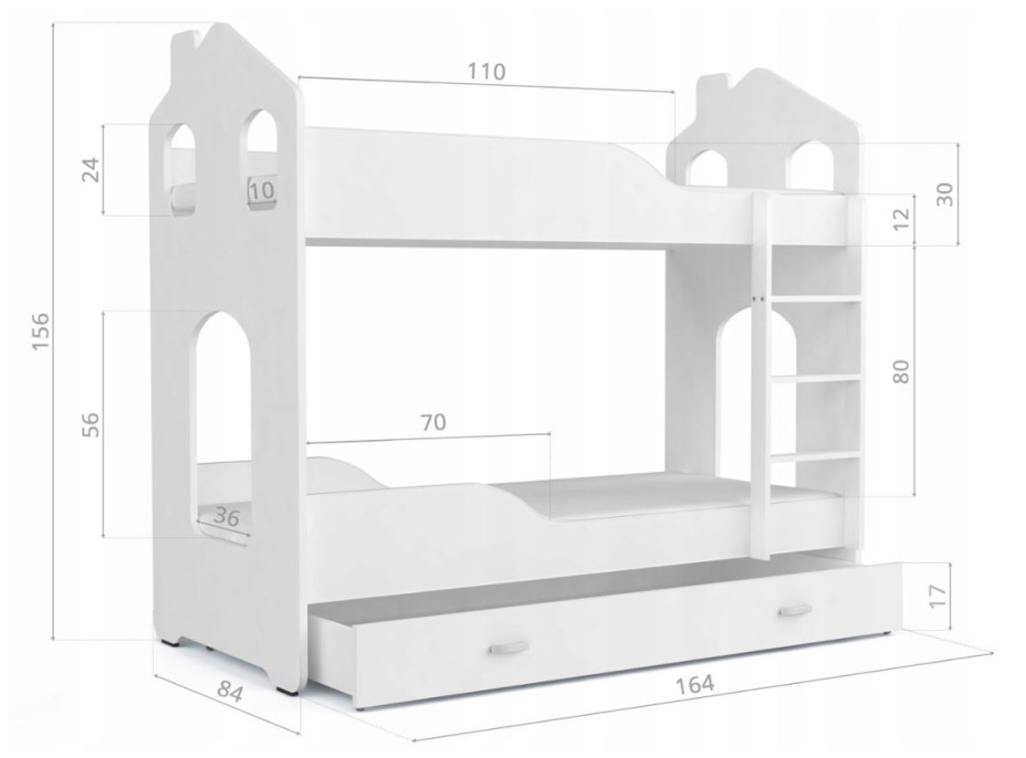 Dětská domečková patrová postel Dominik se šuplíkem BÍLÁ - 160x80 cm