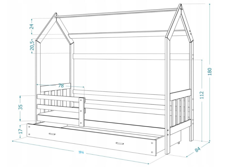 Dětská domečková postel DOMEK P - 190x80 cm - bílá