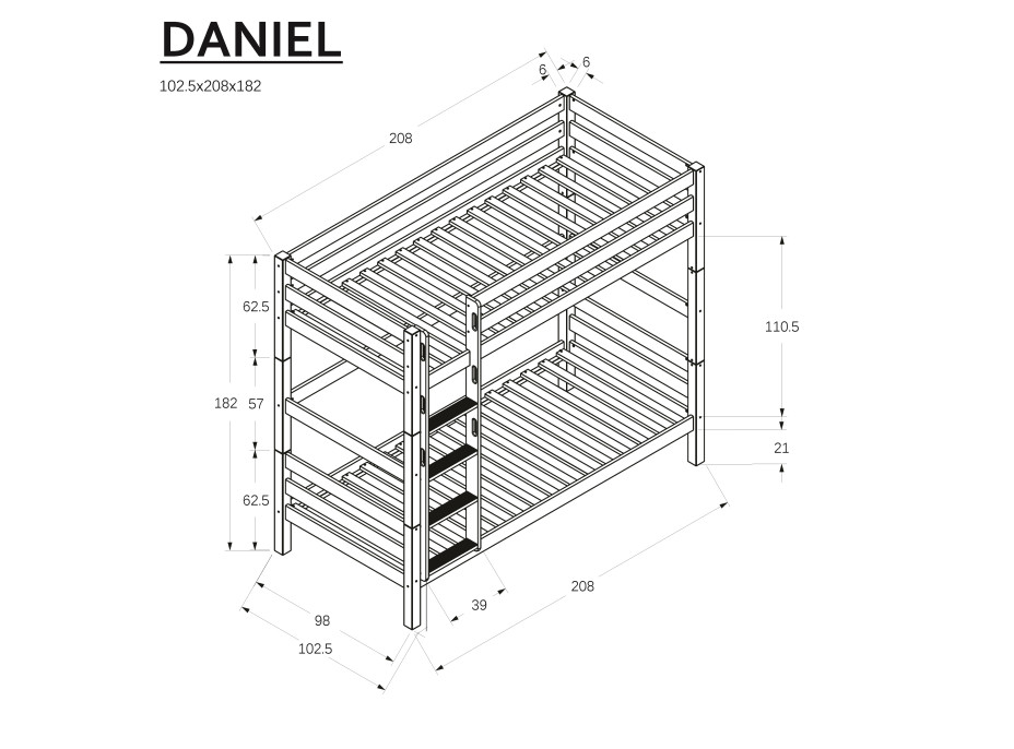 Dětská patrová postel z MASIVU BUK - DANIEL 200x90cm - přírodní