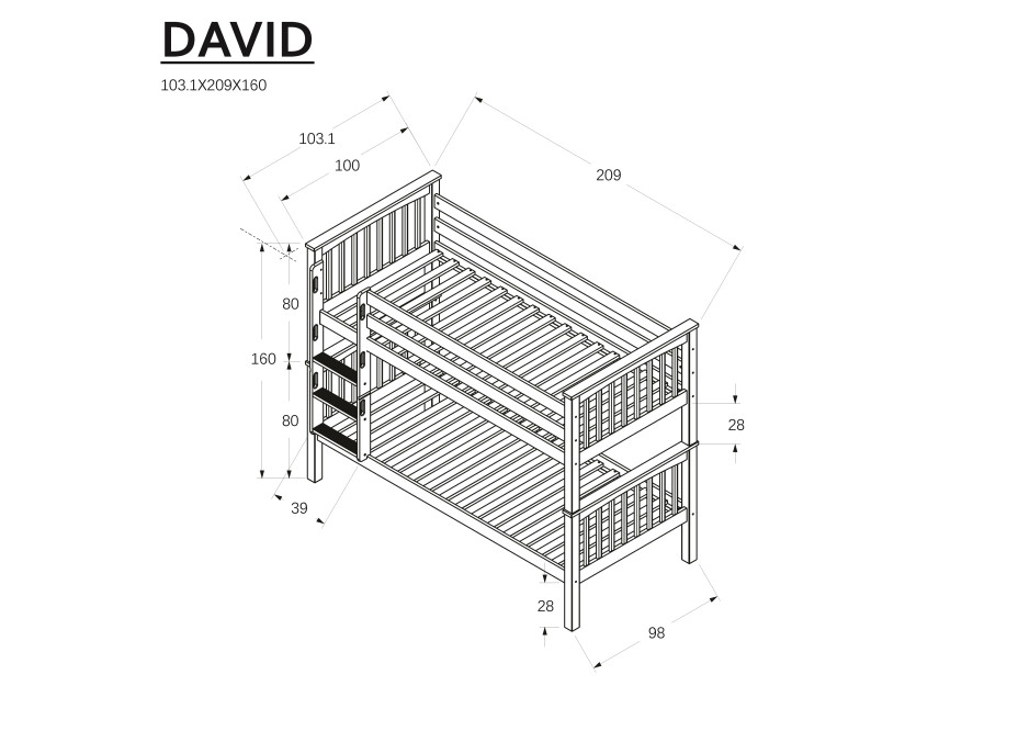 Dětská patrová postel z MASIVU BUK - DAVID 200x90cm - přírodní