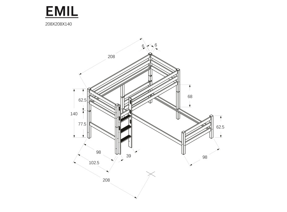 Dětská patrová postel do "L" z MASIVU BUK - EMIL 200x90cm - přírodní