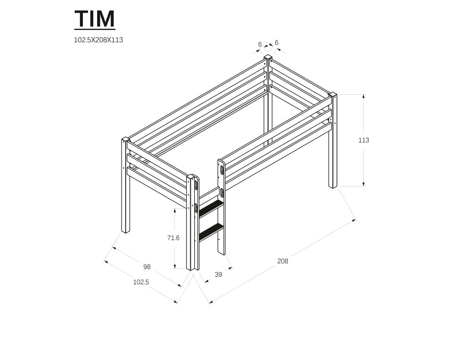 Dětská vyvýšená postel z MASIVU BUK - TIM 200x90cm - přírodní