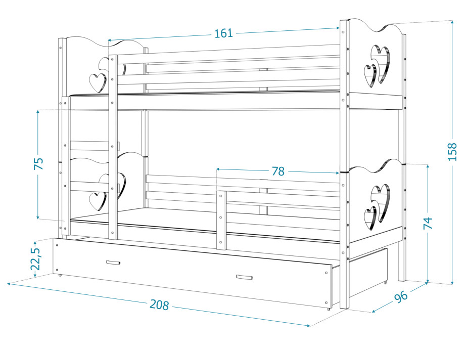 Dětská patrová postel s přistýlkou MAX Q - 200x90 cm - zelená/borovice - vláček