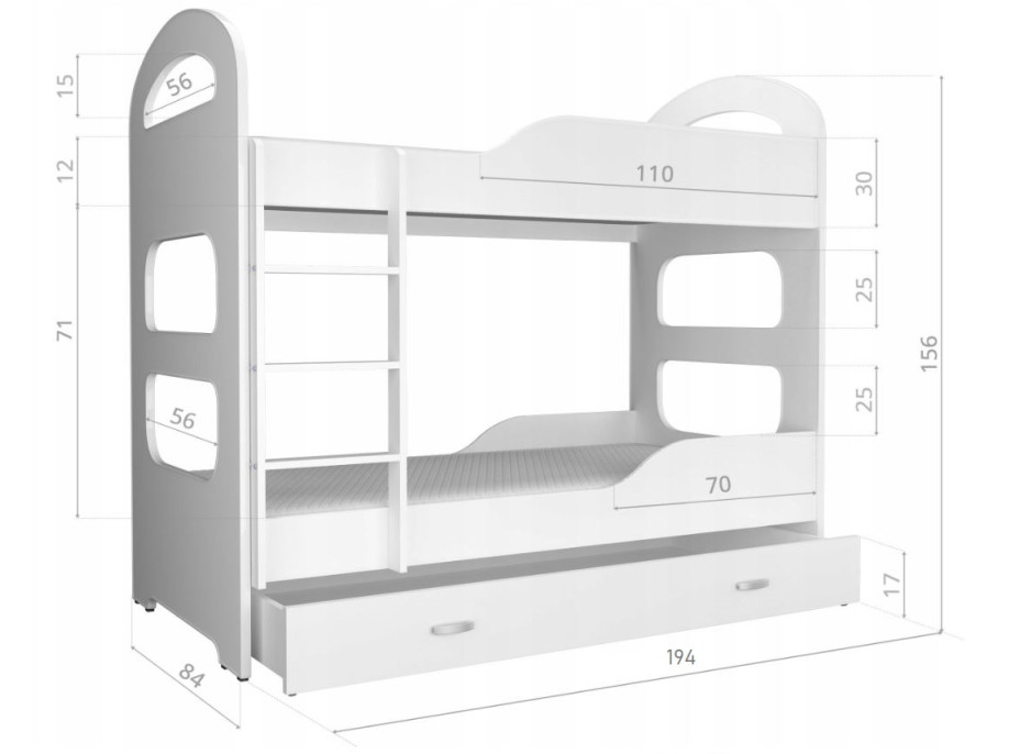 Dětská patrová postel Dominik se šuplíkem BÍLÁ - 190x80 cm