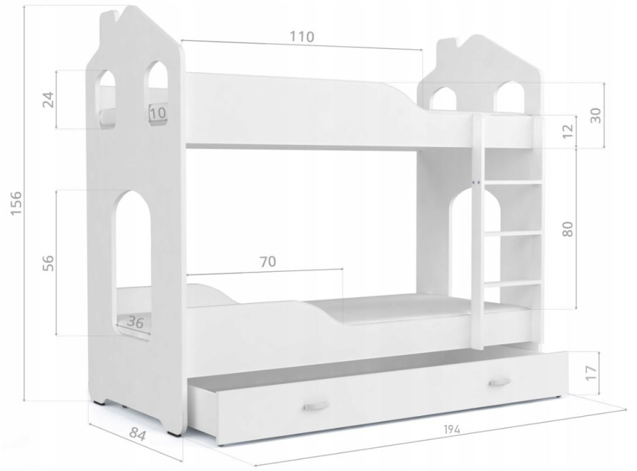 Dětská domečková postel se šuplíkem Dominik ŠEDÁ - 190x80 cm