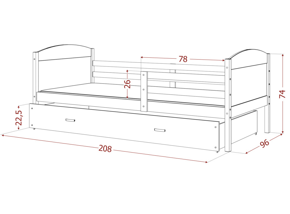 Dětská postel se šuplíkem MATTEO - 200x90 cm - bílá/borovice