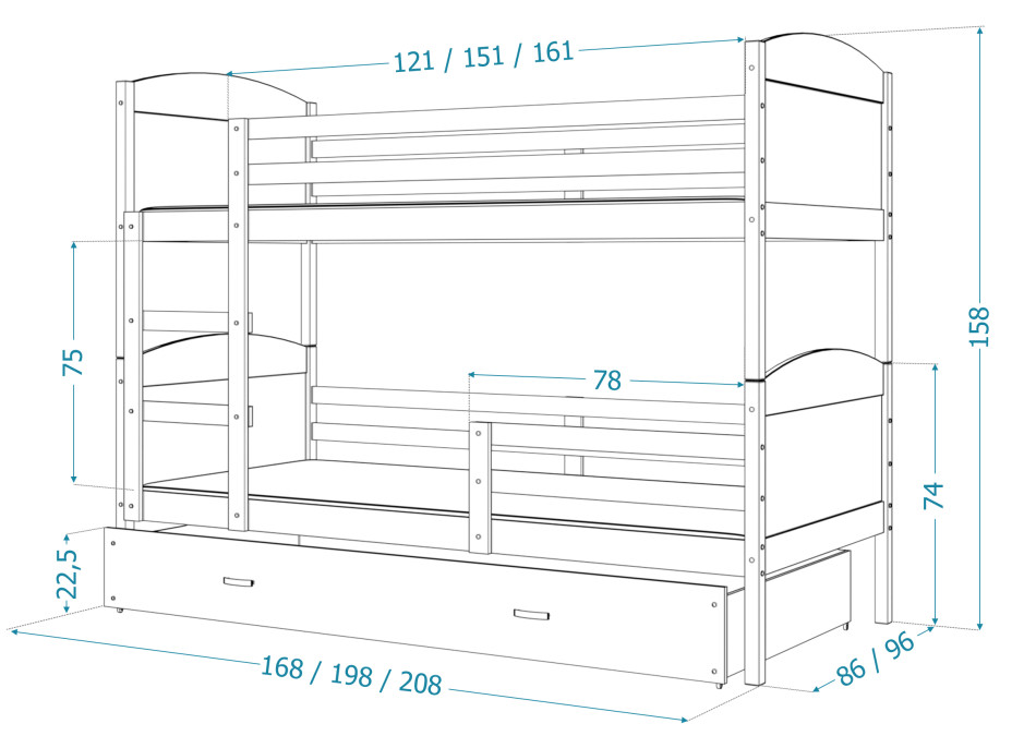 Dětská patrová postel se šuplíkem MATTEO - 190x80 cm - bílá/borovice