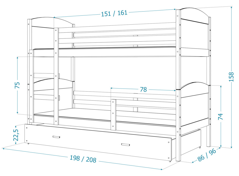Dětská patrová postel s přistýlkou MATTEO - 200x90 cm - bílá