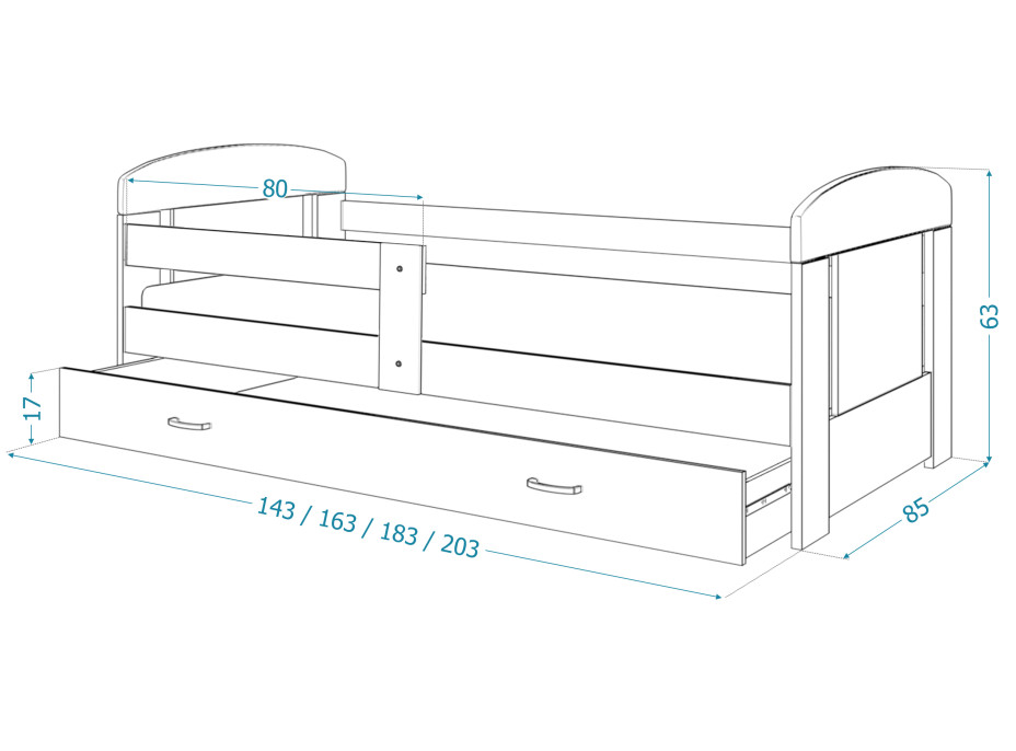 Dětská postel se šuplíkem PHILIP - 160x80 cm - bílá/mišák