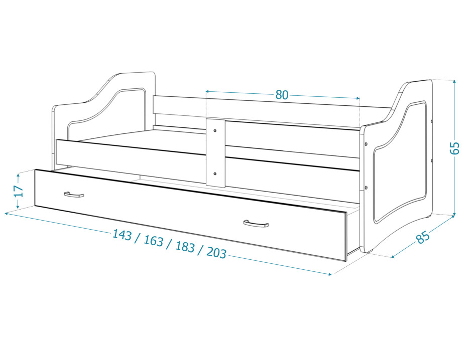 Dětská postel se šuplíkem SWEET - 160x80 cm - borovice-bílá